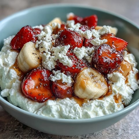 Creamy cottage cheese paired with juicy strawberries and tropical pineapple, garnished with crunchy walnuts and chia seeds.
