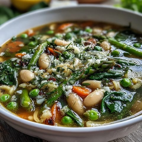 Spring Minestrone with White Beans and Asparagus in a rustic bowl, steaming and vibrant with green vegetables and tender beans.