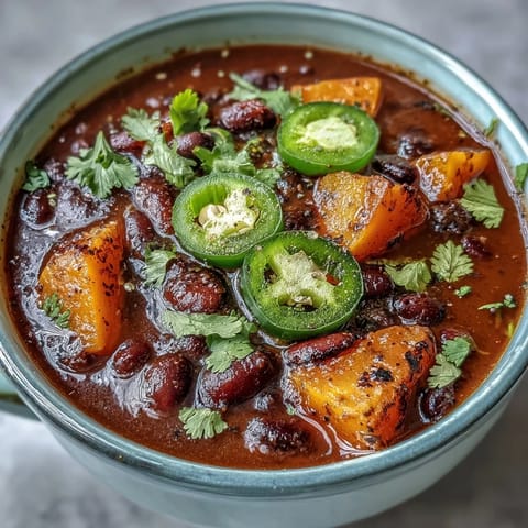 Warm and comforting bowl of smoky black bean and sweet potato soup garnished with zesty lime crema, perfect for a cozy vegetarian dinner.