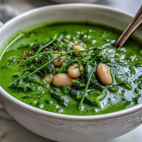 A vibrant green Spinach and White Bean Shamrock Soup with fresh herbs and tender vegetables in a creamy bowl.