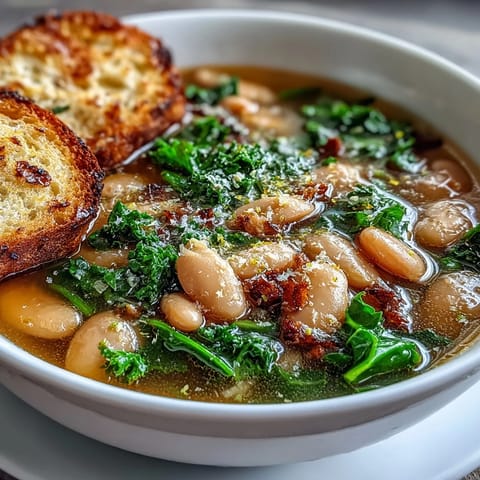 Creamy cannellini beans, tender kale, and aromatic herbs come together in this comforting Tuscan soup with a bright lemon finish.