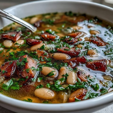 Close-up of creamy cannellini beans and tender diced ham simmering in a savory herb-infused broth, ready to serve.  
