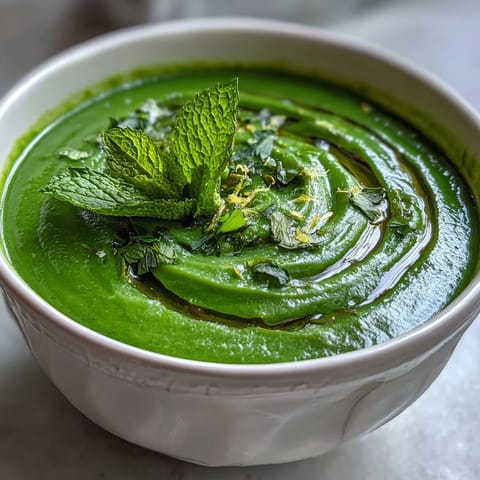 A vibrant bowl of green detox vegetable soup with zucchini and peas, garnished with fresh parsley and lemon zest.  