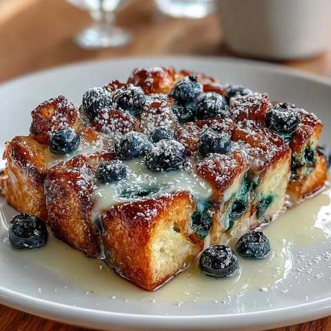 Fluffy sourdough bread soaked in lemon custard with fresh blueberries and crunchy almonds.  