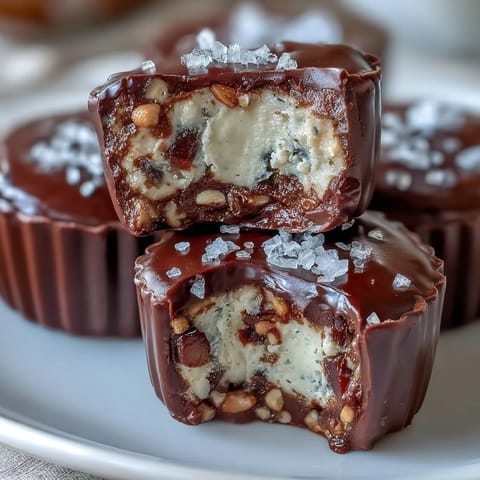 Creamy peanut butter cottage cheese bites topped with dark chocolate and crushed peanuts, a protein-packed frozen treat.  