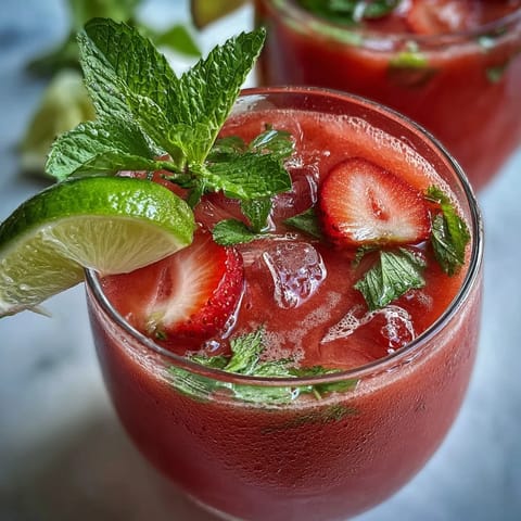 A refreshing strawberry watermelon daiquiri mocktail with mint, blending vibrant red fruit and zesty lime over ice for a cooling summer sip.