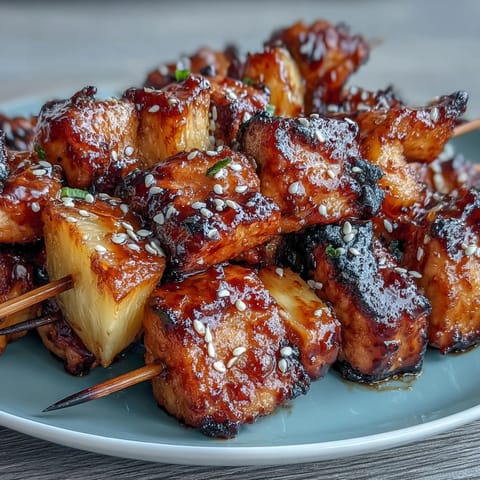 Juicy air fryer chicken and pineapple bites glazed with honey and soy sauce, served hot with sesame seeds and green onions.