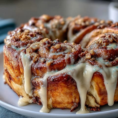 Festive cinnamon roll wreath with purple, green, and gold sugar, perfect for Mardi Gras celebrations.