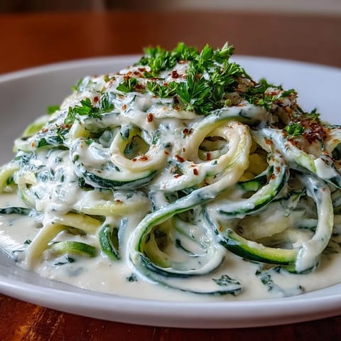 Creamy cottage cheese Alfredo sauce drizzled over fresh zucchini noodles, garnished with parsley and Parmesan for a healthy, satisfying meal.  