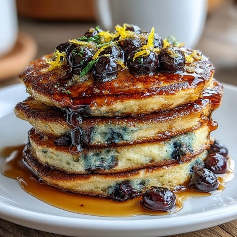 Tangy and sweet, these lemon blueberry sourdough pancakes are topped with a drizzle of maple syrup and extra fresh berries.  