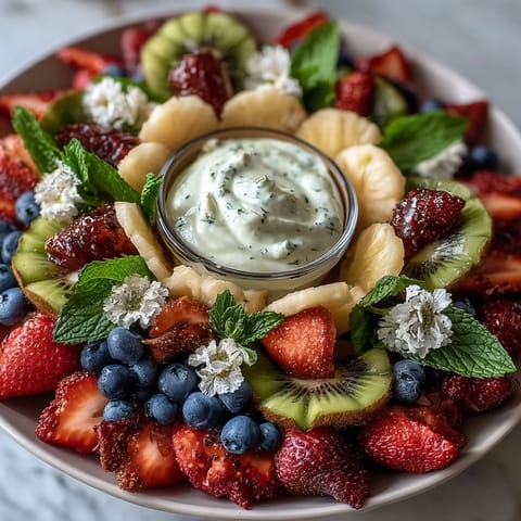 A vibrant baby shower fruit platter arranged in a blooming flower design with fresh strawberries, grapes, and pineapple, served with creamy honey-yogurt dip.