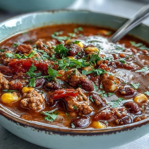 Flavorful Tex-Mex Taco Soup simmering with seasoned beef, tomatoes, and peppers in a savory broth.  