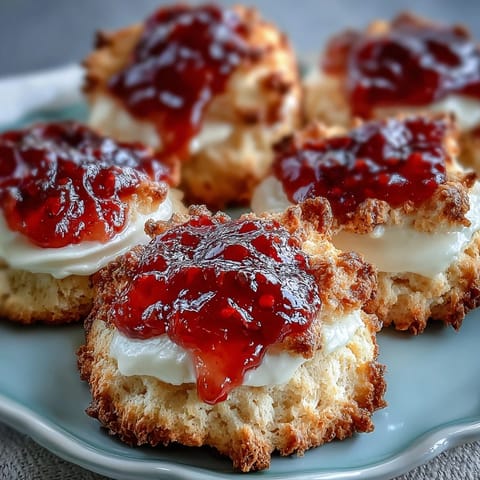 Clotted cream and strawberry jam thumbprint cookies with golden edges and sweet, creamy filling.