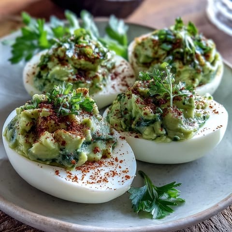 Creamy avocado deviled eggs garnished with chives and dill, offering a fresh twist on a classic American appetizer.