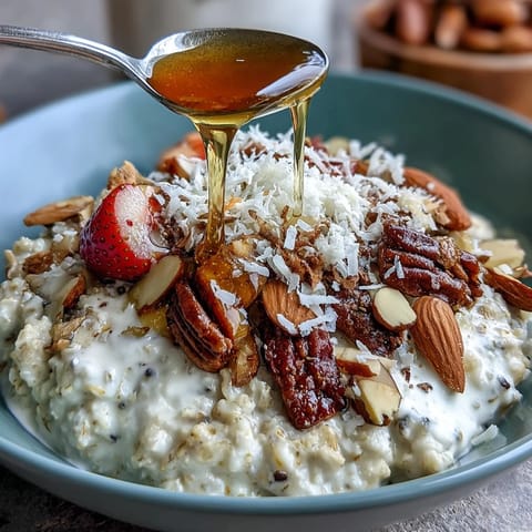 Overnight oats with strawberries and chia, creamy and colorful, perfect for a healthy breakfast.