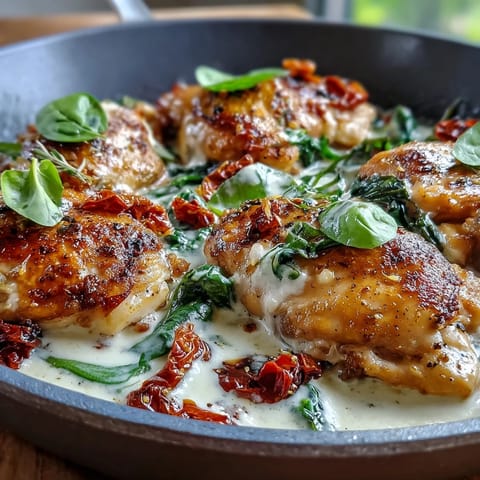 Creamy Tuscan Chicken Skillet with tender chicken in a rich garlic cream sauce, sun-dried tomatoes, and fresh spinach.