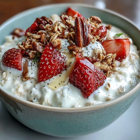 Wholesome overnight oats layered with fresh strawberries, chia seeds, and granola for a make-ahead morning treat