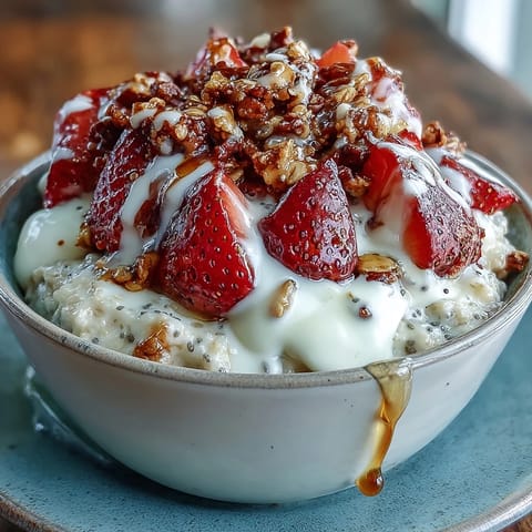 Creamy strawberry overnight oats with chia seeds and crunchy granola, ready for a healthy breakfast