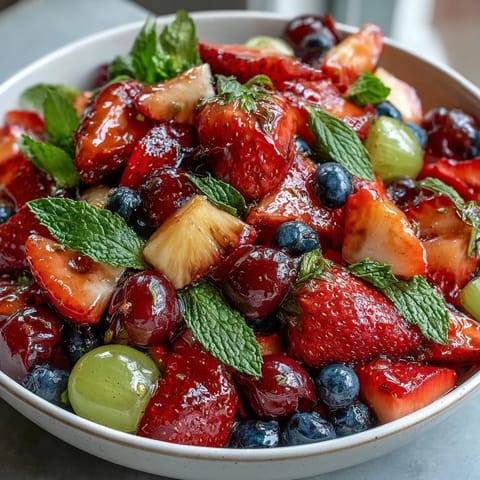 Refreshing strawberry lemonade fruit salad featuring ripe strawberries, pineapple, and grapes, tossed in a zesty homemade lemonade dressing and garnished with mint.