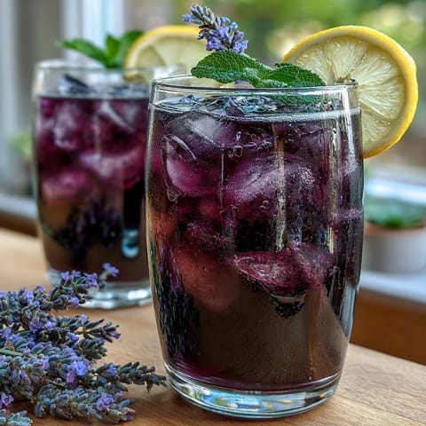 A pitcher of lavender lemonade with fresh mint, served over ice and ready to refresh on a warm afternoon.