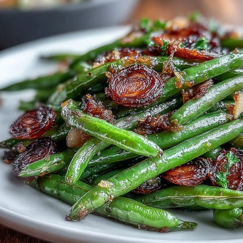 Roasted garlic green beans with caramelized garlic and bright lemon zest.  