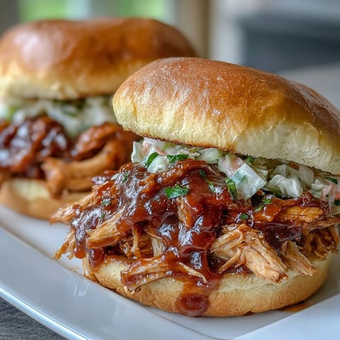 1. Juicy pulled BBQ chicken sandwiches loaded with smoky, tangy barbecue sauce and creamy coleslaw on soft brioche buns.