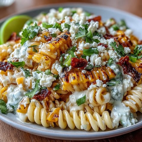 A vibrant Mexican street corn pasta salad with creamy Cotija cheese, sweet charred corn, and zesty lime dressing.  