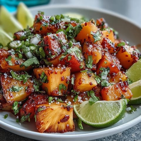 Fresh mango, pineapple, and watermelon cubes with lime and chili, served in vibrant fruit cups for a zesty snack.