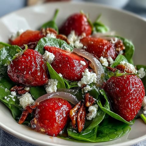 A vibrant spring salad with baby spinach, sliced strawberries, creamy goat cheese, and candied pecans, tossed in tangy balsamic vinaigrette.