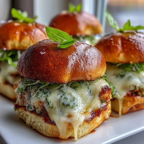 Golden-brown Pesto Chicken Parmesan Sliders on a platter, featuring toasted brioche buns, melted mozzarella, and fresh basil garnish.