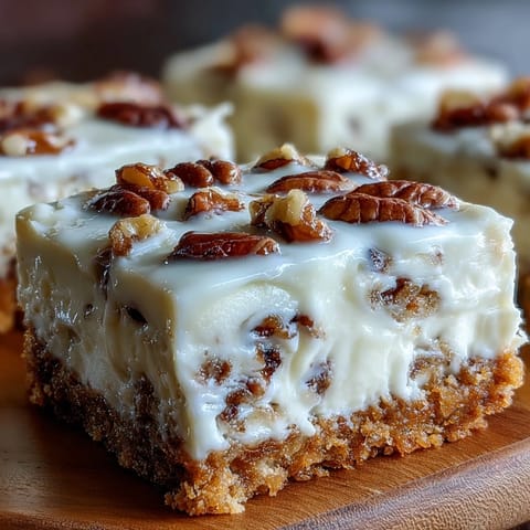 Carrot Cake Cheesecake Bars with creamy cheesecake swirl and crunchy nuts.