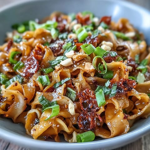Chewy wheat noodles tossed with fiery chili crisp, garlic, and soy sauce, topped with vibrant green scallions and roasted peanuts.