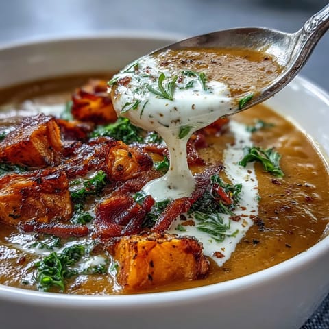 Hearty sweet potato chowder topped with crunchy pancetta and fresh kale for a comforting meal.  