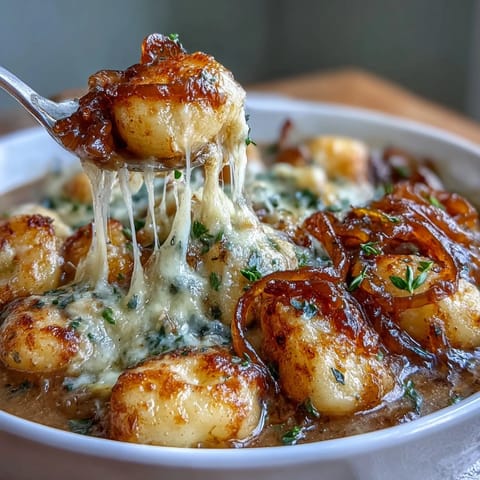 A warm bowl of Gnocchi French Onion Soup with melted cheese and toasted baguette on top.  