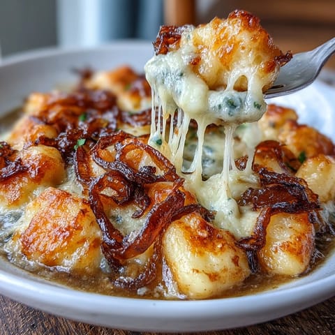 Caramelized onions and tender gnocchi swim in a savory broth, finished with golden, bubbly cheese.  