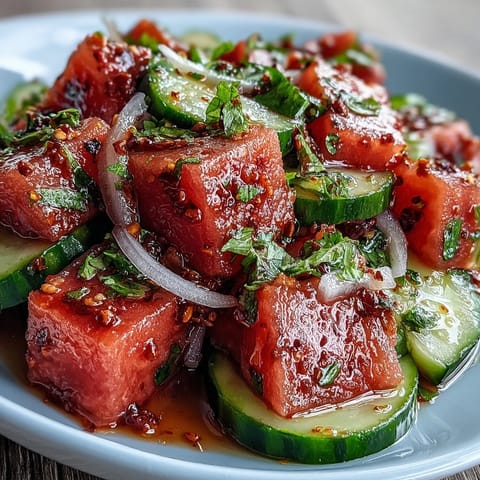Vibrant watermelon cucumber salad with Tajin and lime, bursting with fresh flavors.