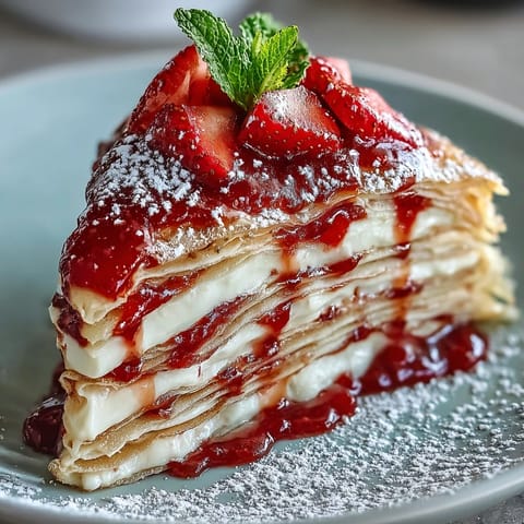 Beautiful Mother's Day Crêpe Cake, showcasing fresh berries and creamy layers.