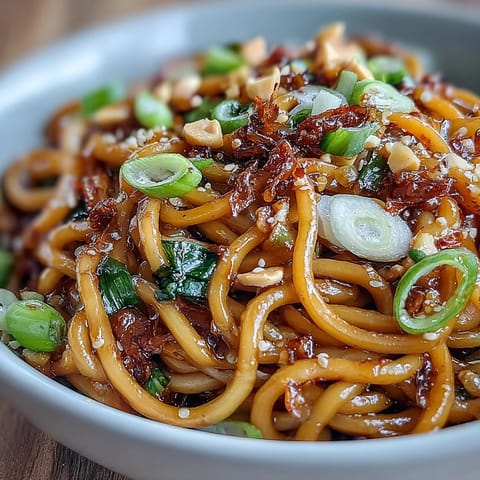 Spicy Chili Crisp Noodles in a bowl, garnished with fresh scallions and crunchy peanuts for a savory Asian-inspired meal.