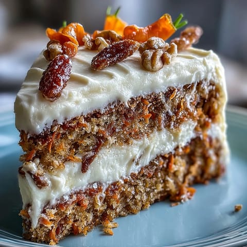 Moist Easter carrot cake with cream cheese frosting, decorated with elegant candied carrot curls for a festive spring dessert.