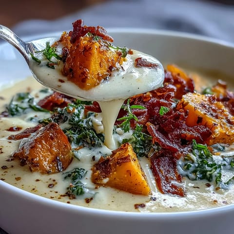 Smoky sweet potato chowder with crispy pancetta and tender kale in a creamy broth.  