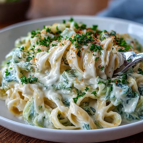 Creamy Cabbage Alfredo with tender fettuccine in a rich Parmesan sauce, topped with fresh parsley and extra cheese.