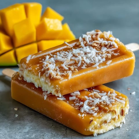 Creamy vegan mango coconut popsicles, a tropical delight perfect for summer refreshment.