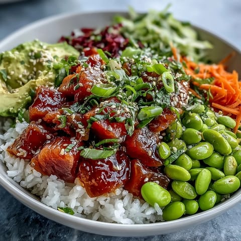 Colorful Salmon Poke Bowl with creamy avocado and edamame, ready to eat.