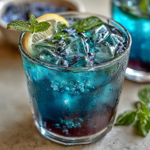 Butterfly Pea Flower Lemonade, a vibrant blue drink turning purple with ice.