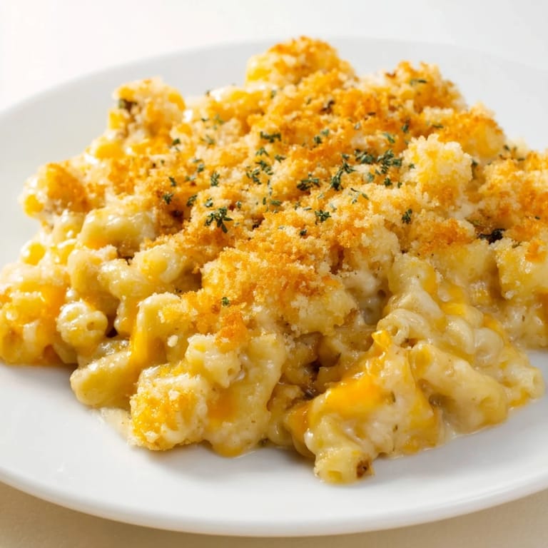 A rich cheese sauce coats macaroni, topped with crisp breadcrumbs in this Old-Fashioned Baked Mac & Cheese.