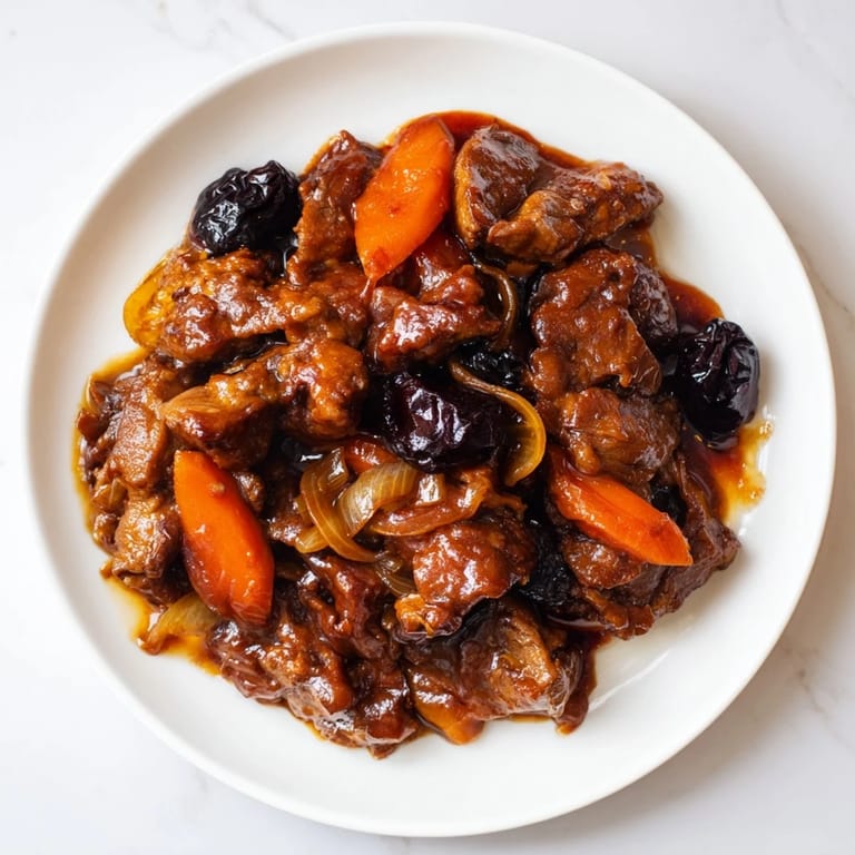 A steaming bowl of tender sweet and sour sauerbraten hack, served with anticipated potato dumplings.