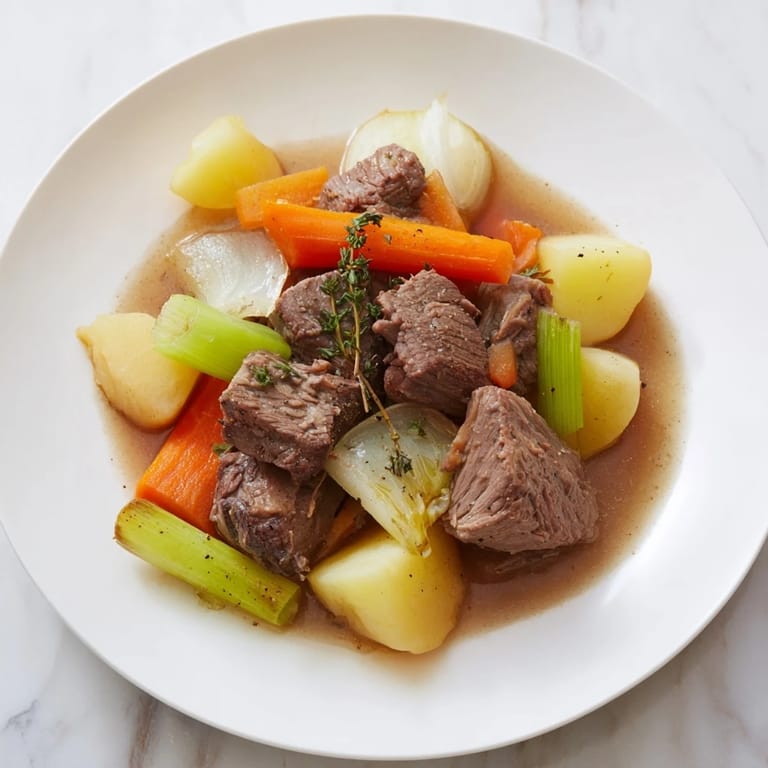 A heartwarming close-up of Pot-au-Feu, showcasing the rich broth and hearty beef chunks.