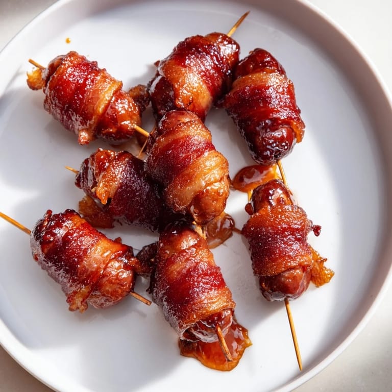 A close-up of savory bacon-wrapped smokies, warm from the oven, drizzled with maple glaze.
