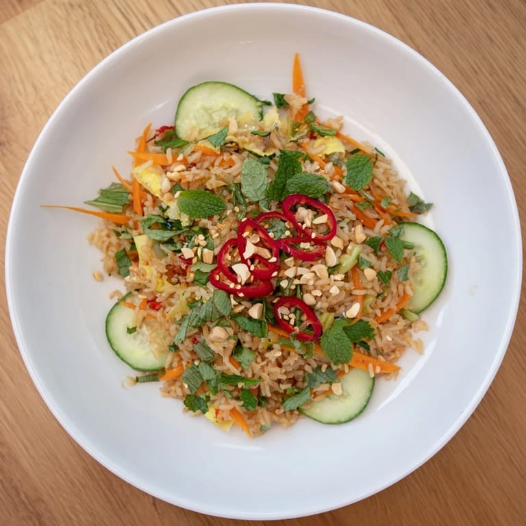 Golden, crispy rice forms the base of this flavorful Cucumber Rice Salad, tossed with fresh veggies.