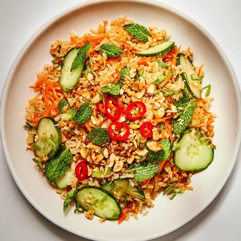 A refreshing bowl of crispy Cucumber Rice Salad, featuring chopped peanuts and a zesty, Asian-inspired dressing.